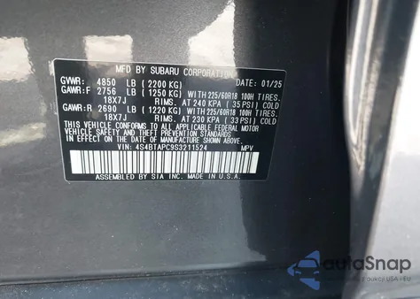 2025 Subaru Outback Touring z USA, uszkodzony, nr VIN 4S4BTAPC9S3211524